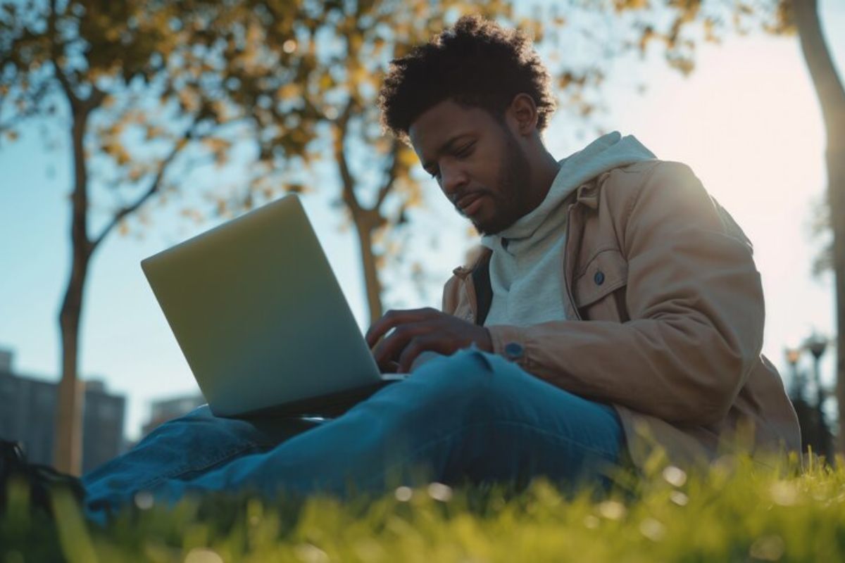 Um estudante sentado no gramado com o notebook no colo vendo dicas para melhorar suas chances de ser aprovado no SISU 2025